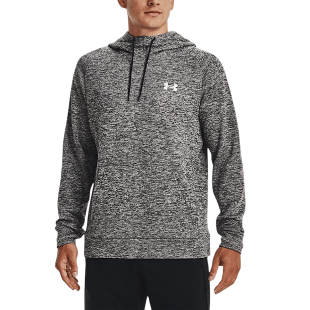 A male model wears a gray Under Armour hooded sweatshirt with a textured pattern and black drawstrings, featuring the Under Armour logo on the chest.