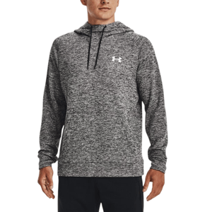 A male model wears a gray Under Armour hooded sweatshirt with a textured pattern and black drawstrings, featuring the Under Armour logo on the chest.