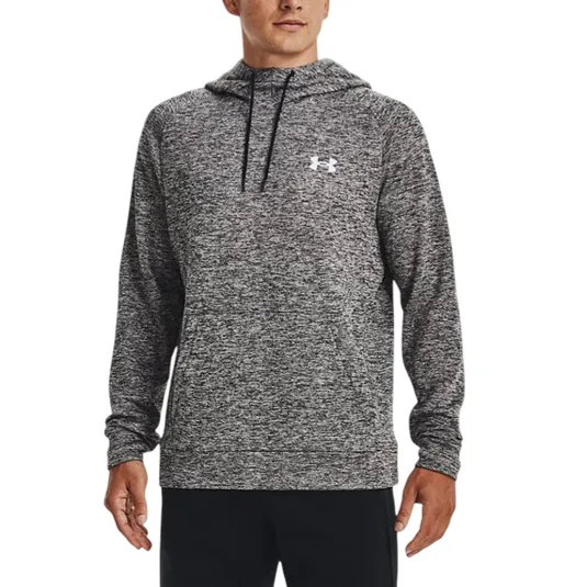 A male model wears a gray Under Armour hooded sweatshirt with a textured pattern and black drawstrings, featuring the Under Armour logo on the chest.