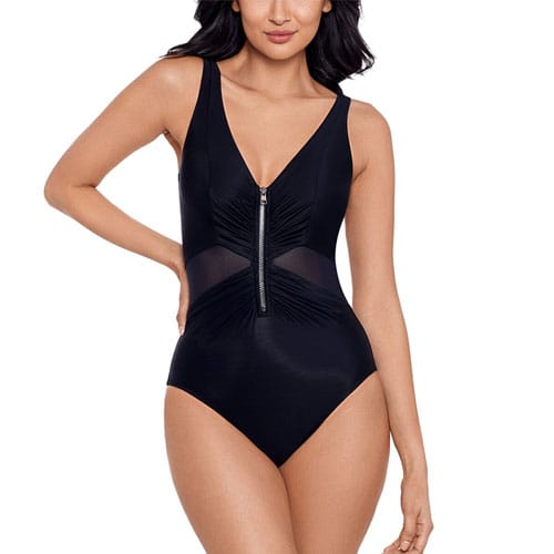 A black one-piece swimsuit with a front zipper and mesh paneling around the waist.