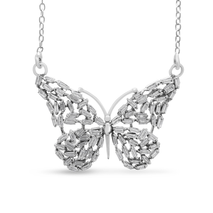 Silver butterfly necklace featuring 1 carat of diamonds in a baguette cluster design, attached to a delicate chain.