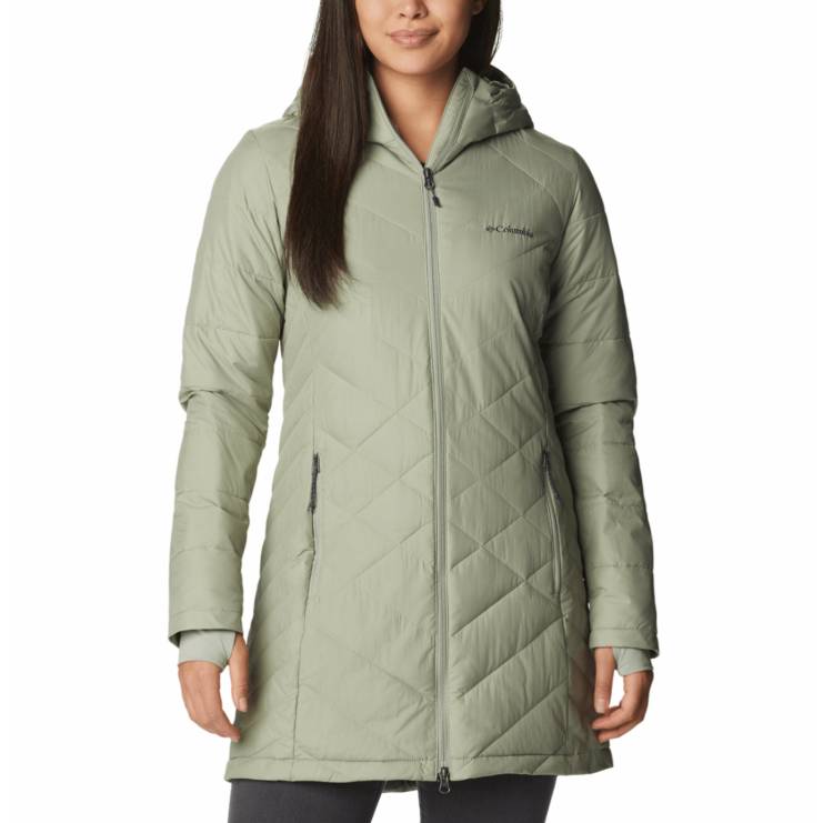 A light green Columbia Heavenly jacket with a hood and full-length zip, featuring quilted patterns and two zippered side pockets for warmth and functionality.