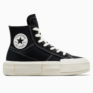 Black and white high-top platform sneakers with a classic star-centered circular logo on the side.