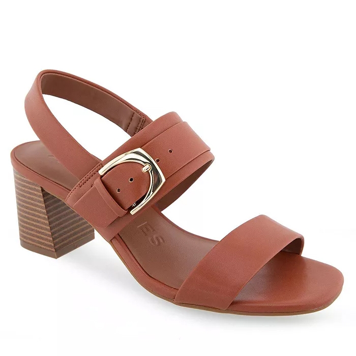Aerosoles Ellazia Buckle Strap Sandals feature a tan color, open toe design, and a block heel. They have a front strap and an adjustable buckle strap for a secure fit.