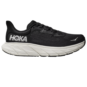 Black Hoka Arahi 7 running shoes with a thick, white cushioned sole and the Hoka brand logo displayed on the side and tongue.