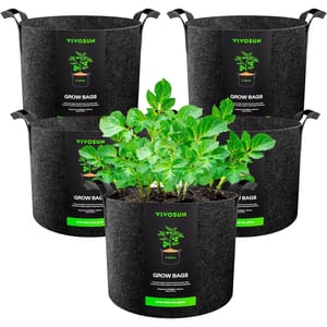 Set of five Vivosun 5-gallon fabric grow bags with handles, designed for planting and growing plants, featuring a durable black material with green branding.