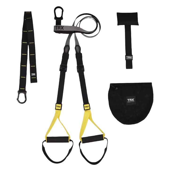 TRX suspension training kit including adjustable straps with handles, an anchor, a safety tether, and a carrying pouch.