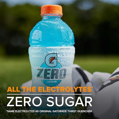 Gatorade Zero bottle with orange cap on grass, promoting \“All the Electrolytes, Zero Sugar\“ and \“Same electrolytes as original Gatorade Thirst Quencher.\“