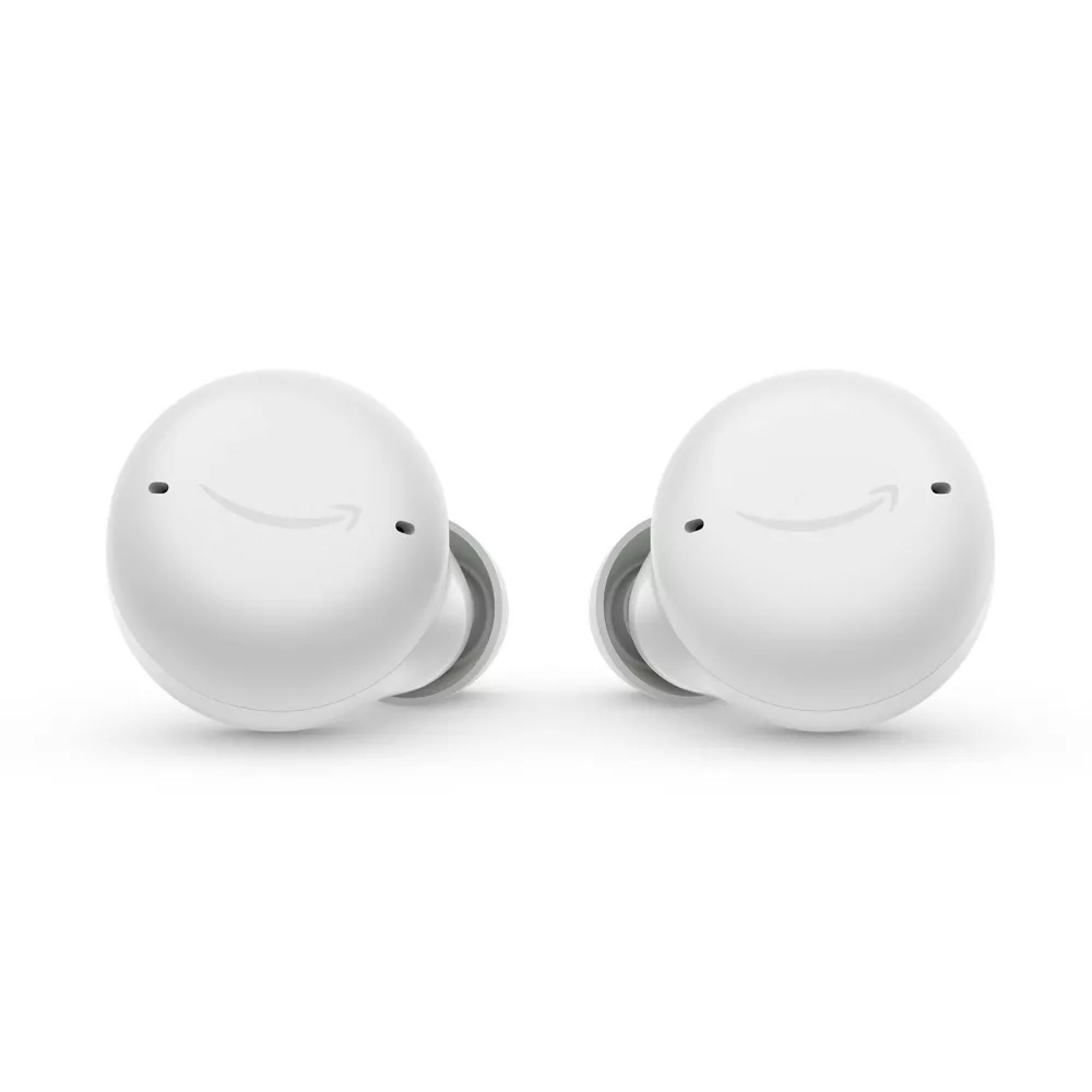 Amazon Echo Buds are white wireless earbuds with active noise cancellation, a sleek design, and feature Amazon's smile logo on the exterior.