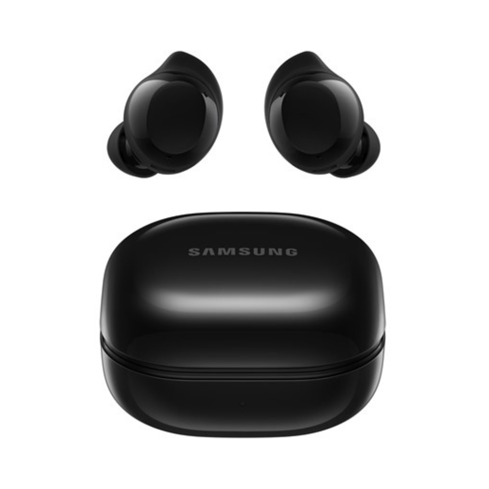 Samsung black wireless earbuds and a charging case.
