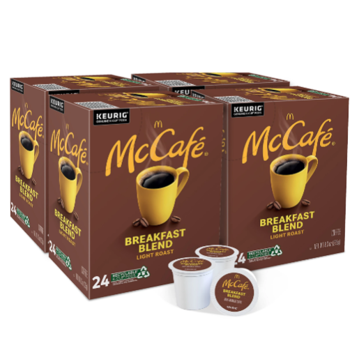 McCafé Breakfast Blend Light Roast Coffee for Keurig, sold in packs of 24 pods.