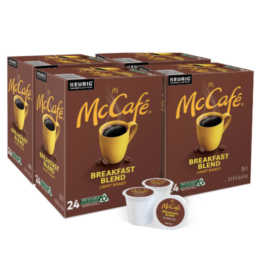 McCafé Breakfast Blend Light Roast Coffee for Keurig, sold in packs of 24 pods.
