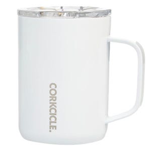 A white Corkcicle insulated mug with a clear lid and a handle.