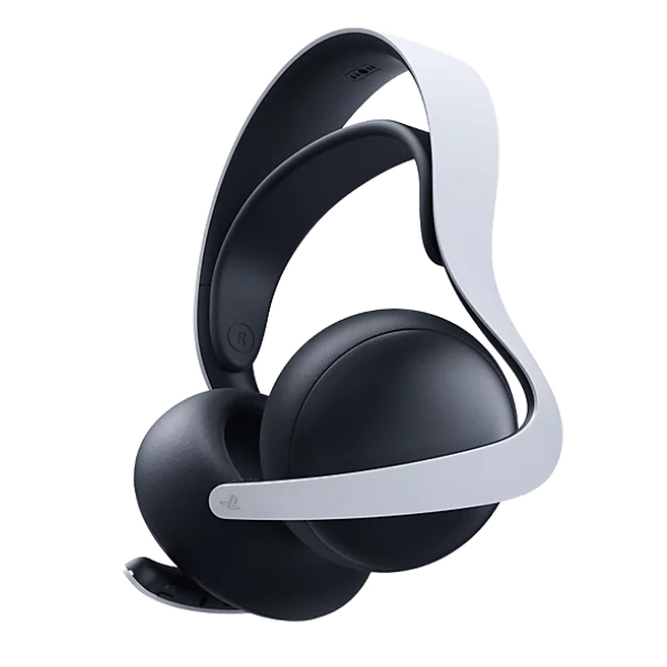 Wireless gaming headset featuring a black and white design with an over-ear form factor, typically associated with the PlayStation series.
