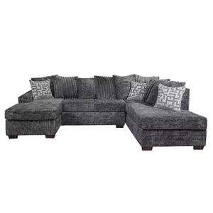 A dark gray U-shaped sectional sofa with multiple cushions, featuring patterned and solid designs.