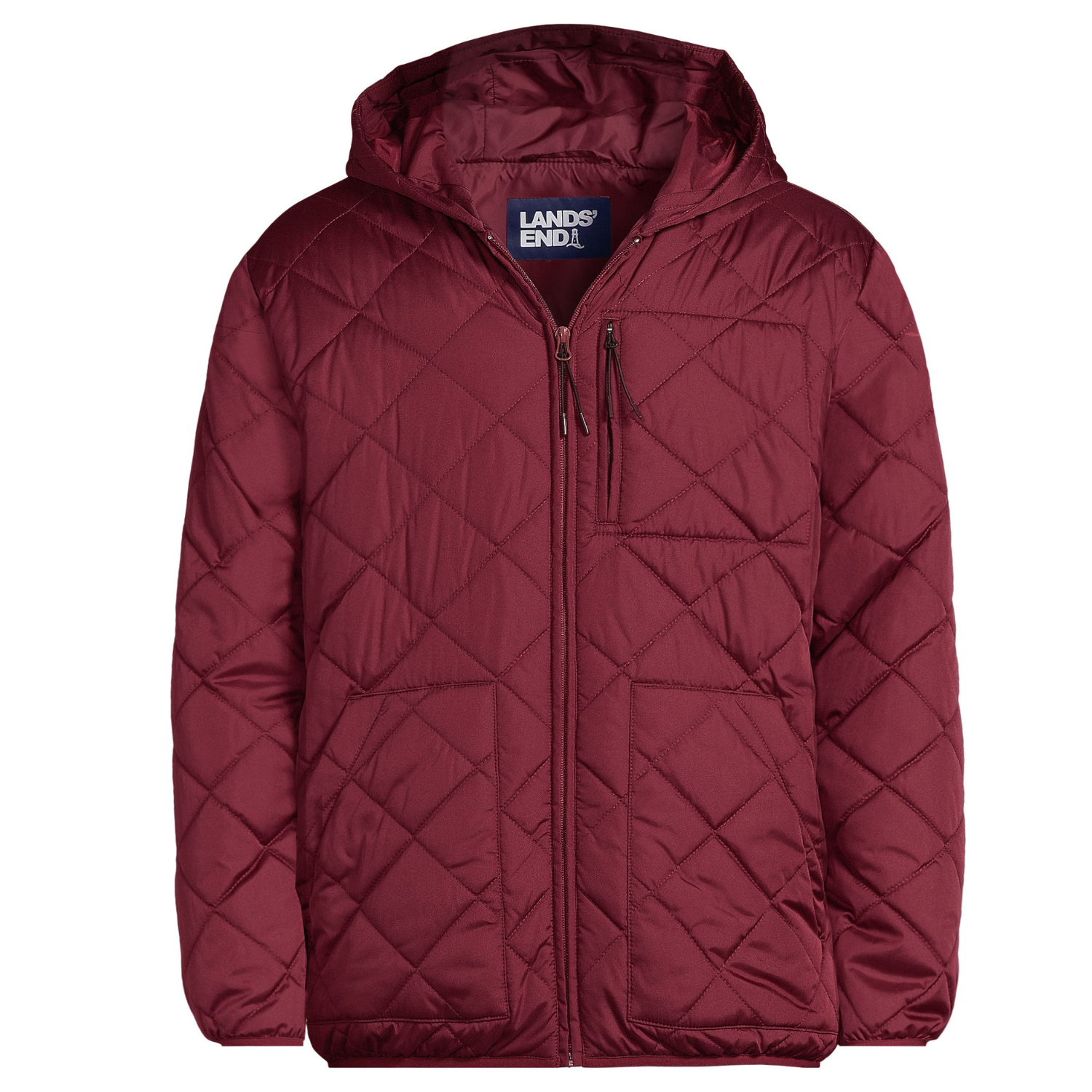 A maroon quilted jacket with a hood and front zipper; features a chest pocket and side pockets, branded \“Lands' End.\“