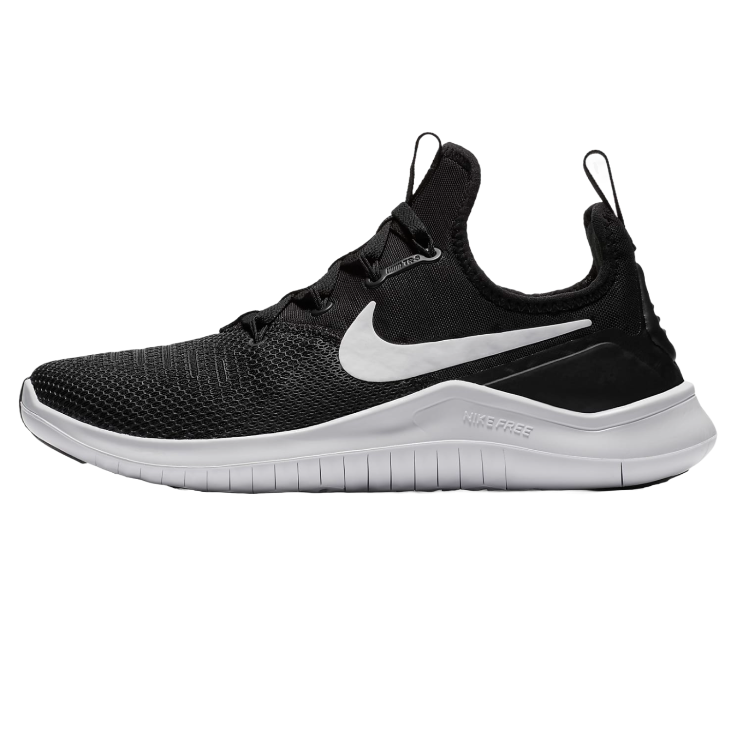 Black athletic shoe with a white Nike swoosh, mesh upper for breathability, and a flexible white sole designed for workouts.
