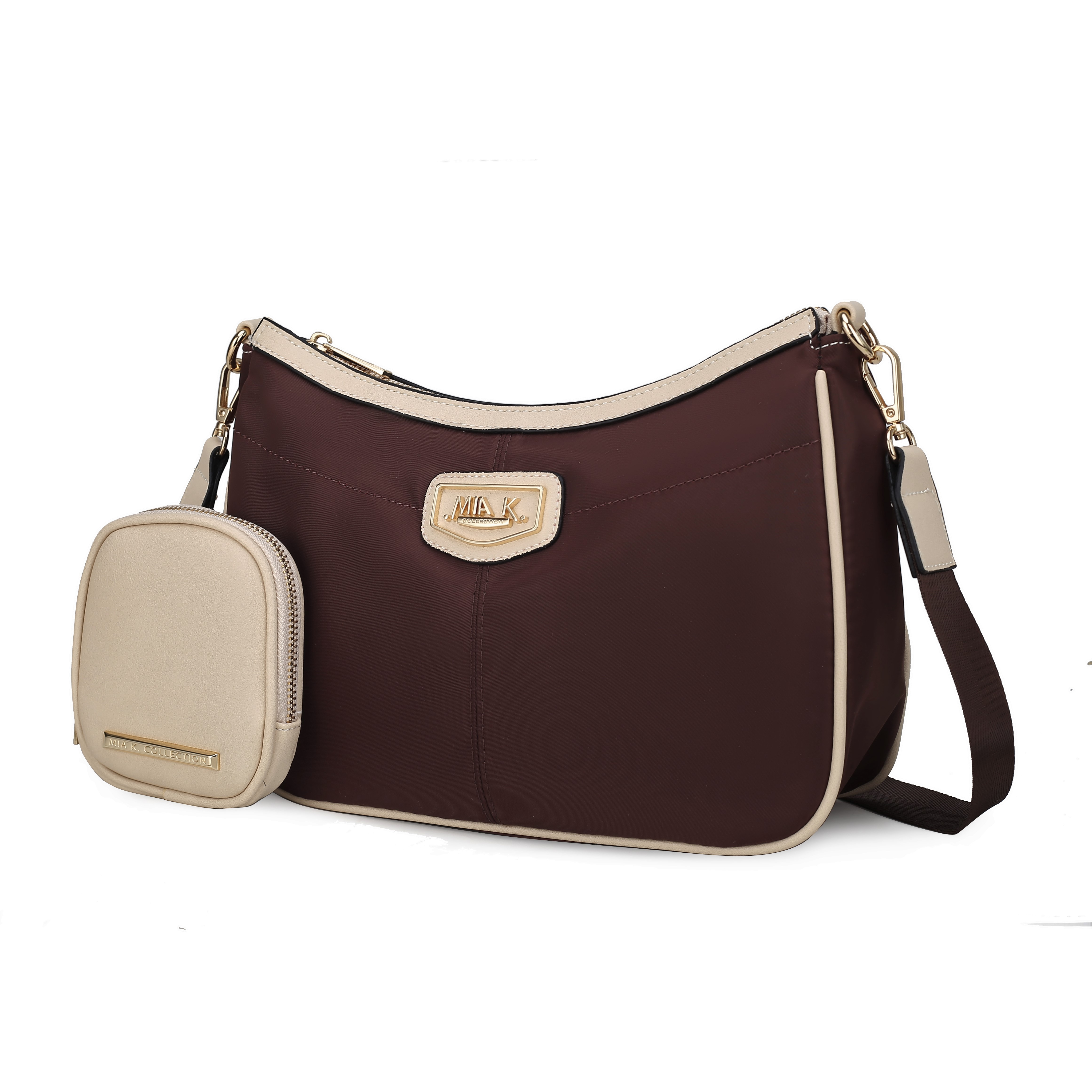 A brown and beige shoulder bag with gold accents and a detachable beige pouch featuring a zip closure.