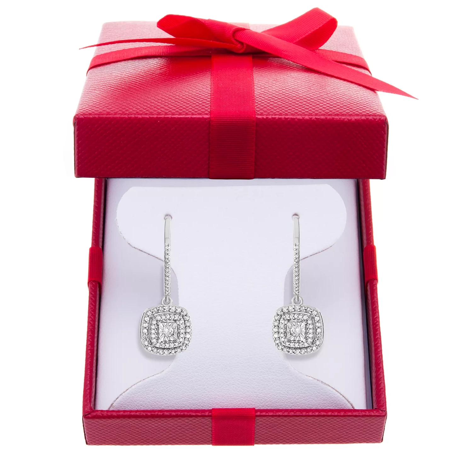 A pair of square-shaped diamond earrings with hooks, presented in a red gift box with a bow.