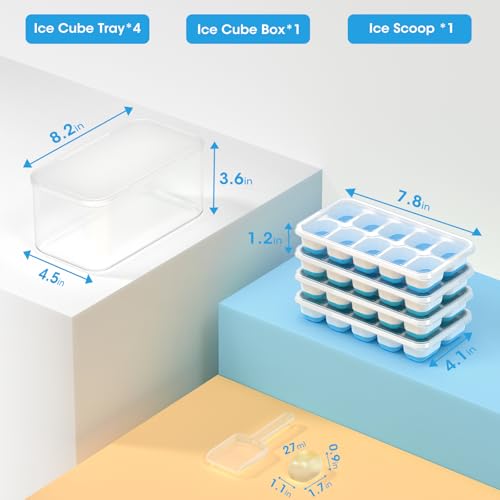 Ice cube set including four trays (7.8x4.1x1.2 inches each), one storage box (8.2x4.5x3.6 inches), and one scoop (2.7x1.7 inches).