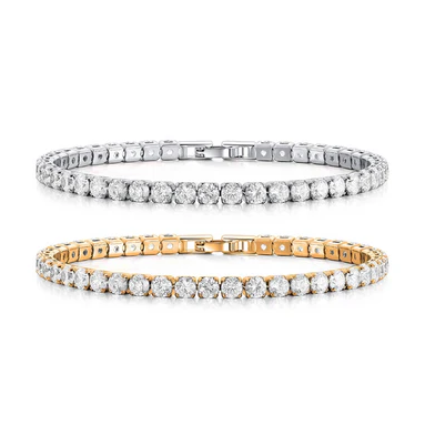 Two tennis bracelets featuring round-cut diamonds set in white gold and yellow gold.