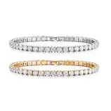 Two tennis bracelets featuring round-cut diamonds set in white gold and yellow gold.