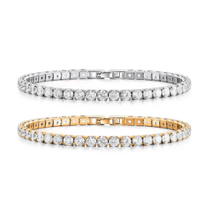 Two tennis bracelets featuring round-cut diamonds set in white gold and yellow gold.