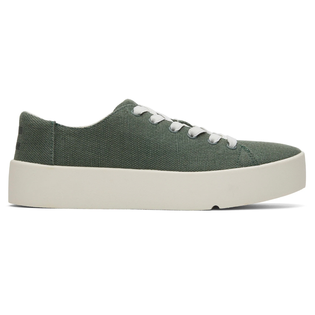 TOMS Lace-Up Sneakers feature a green canvas upper with white laces and a thick white platform sole, providing a casual and stylish look.