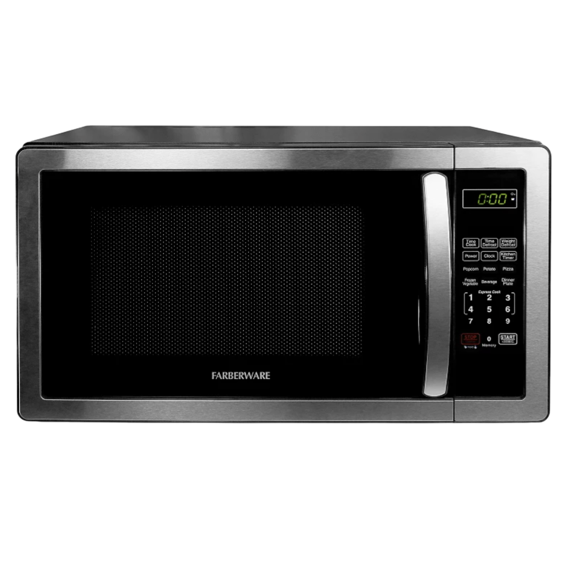 Farberware microwave with a black and stainless steel design, featuring a digital control panel with preset functions and a numeric keypad.