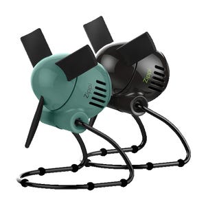 Two Vornado Zippi Personal Fans are shown, one in teal and the other in black. Both have soft cloth blades, compact design, and flexible legs for easy positioning.