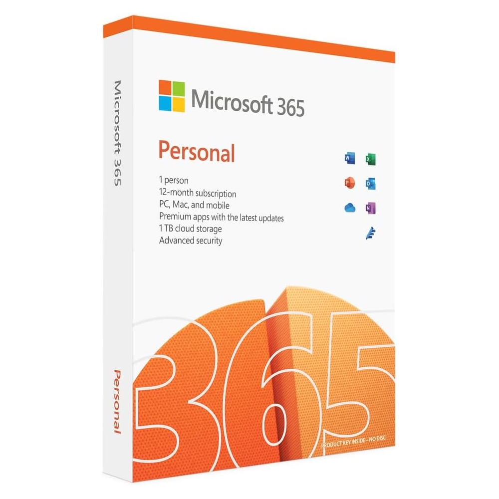 Microsoft 365 Personal, a 12-month subscription for one person, offers premium apps for PC, Mac, and mobile, 1TB cloud storage, and advanced security.