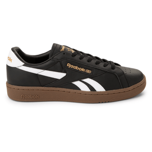 Reebok Club C Grounds UK Shoes feature a black leather upper with white accents, a brown rubber sole, and gold branding. The design includes the Reebok logo and a classic sporty look.