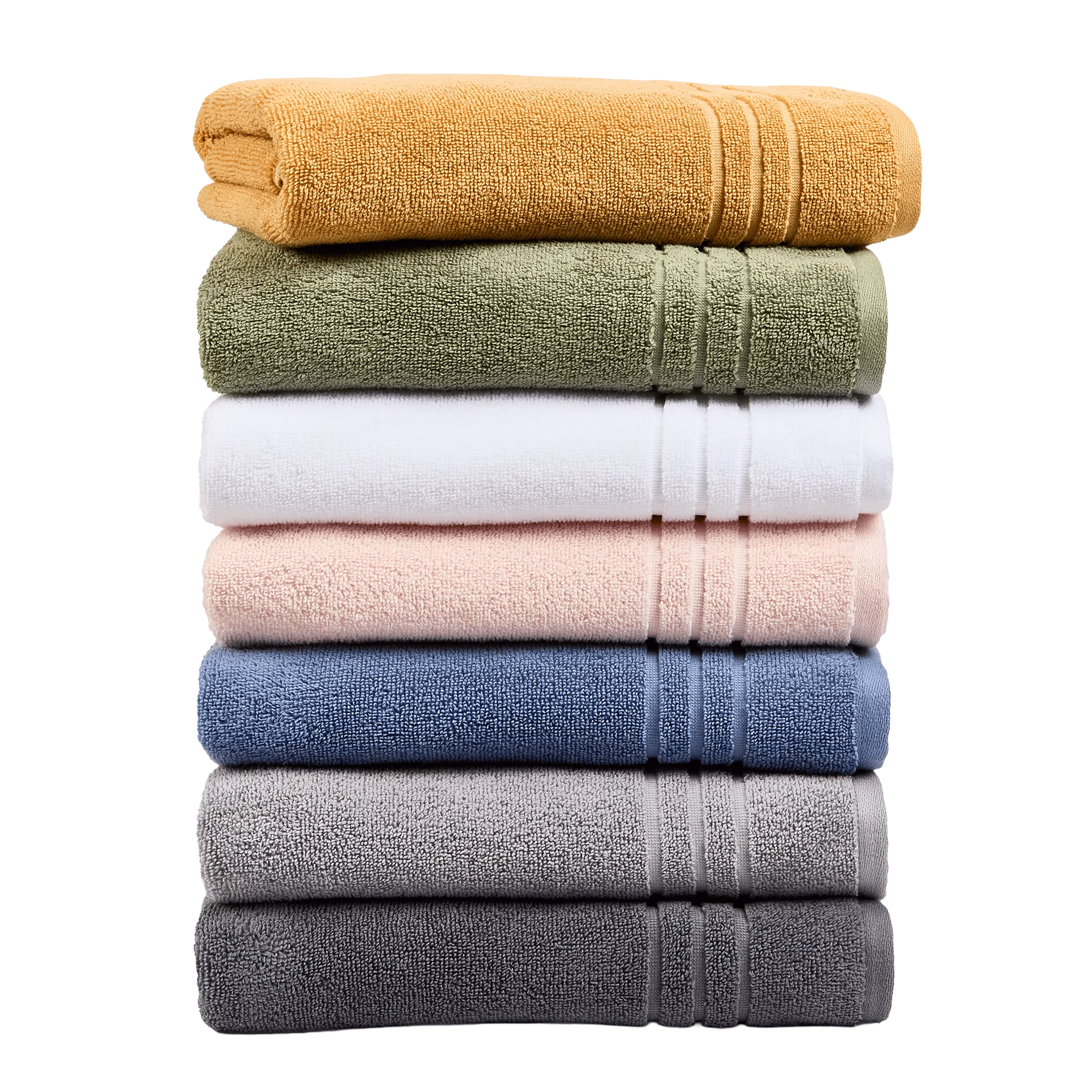 A stack of six neatly folded towels in various colors: mustard yellow, olive green, white, light pink, blue, and two shades of gray.