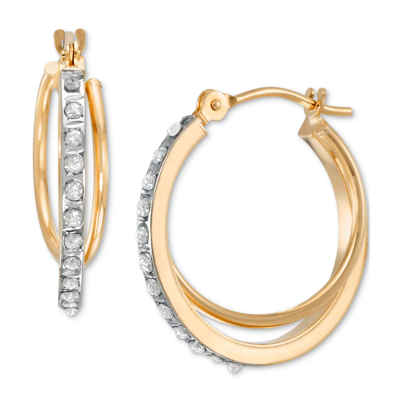 Gold hoop earrings featuring a row of clear, round gemstones set in silver-tone metal along the front.