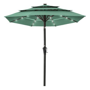 A green patio umbrella with LED lights on the ribs, featuring a crank system for easy opening and closing, and a tiered canopy design.