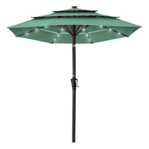 A green patio umbrella with LED lights on the ribs, featuring a crank system for easy opening and closing, and a tiered canopy design.