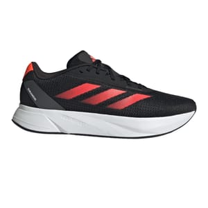Black athletic shoe with red stripes and a white sole.