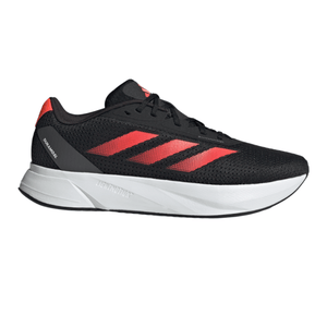 Black athletic shoe with red stripes and a white sole.