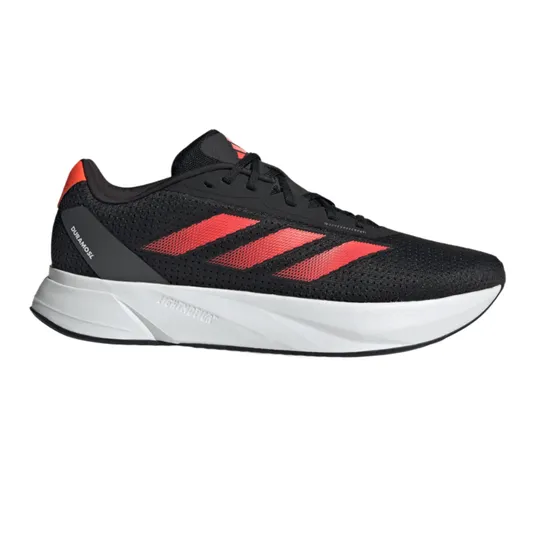 Black athletic shoe with red stripes and a white sole.