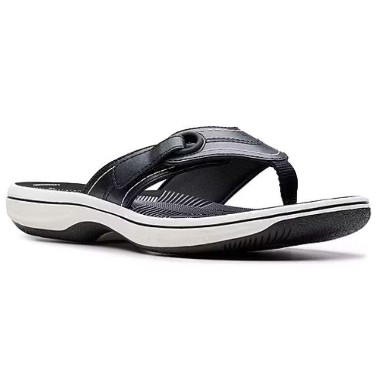 Black flip-flop sandal with a contoured footbed, white and black sole, and a fabric strap featuring a decorative loop detail.