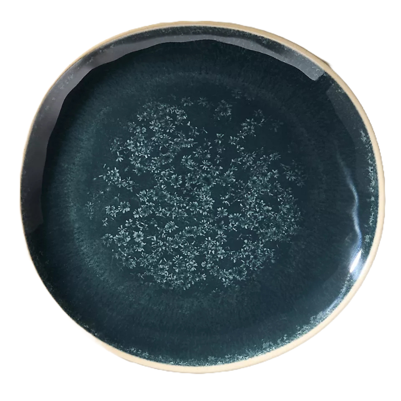A round ceramic plate with a dark teal glaze and a speckled pattern in the center, featuring a natural, uneven rim.