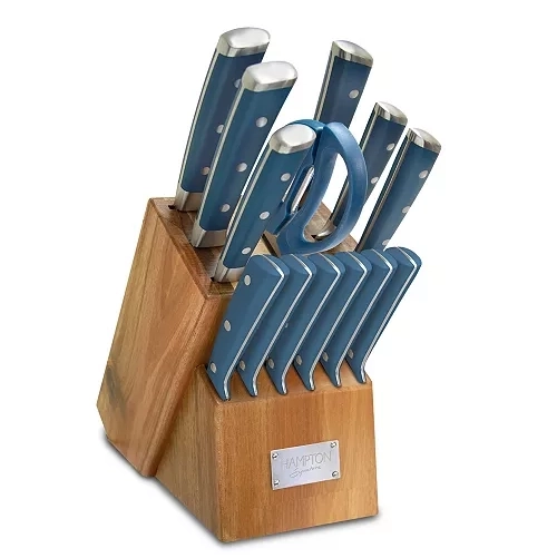 A 15-piece blue cutlery set with knives of various sizes and a pair of scissors, housed in a wooden block. The handles are uniform in color and design.