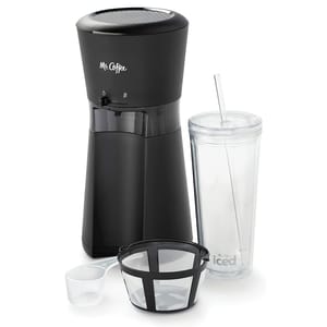 Mr. Coffee branded iced coffee maker accompanied by a reusable tumbler and a measuring scoop.