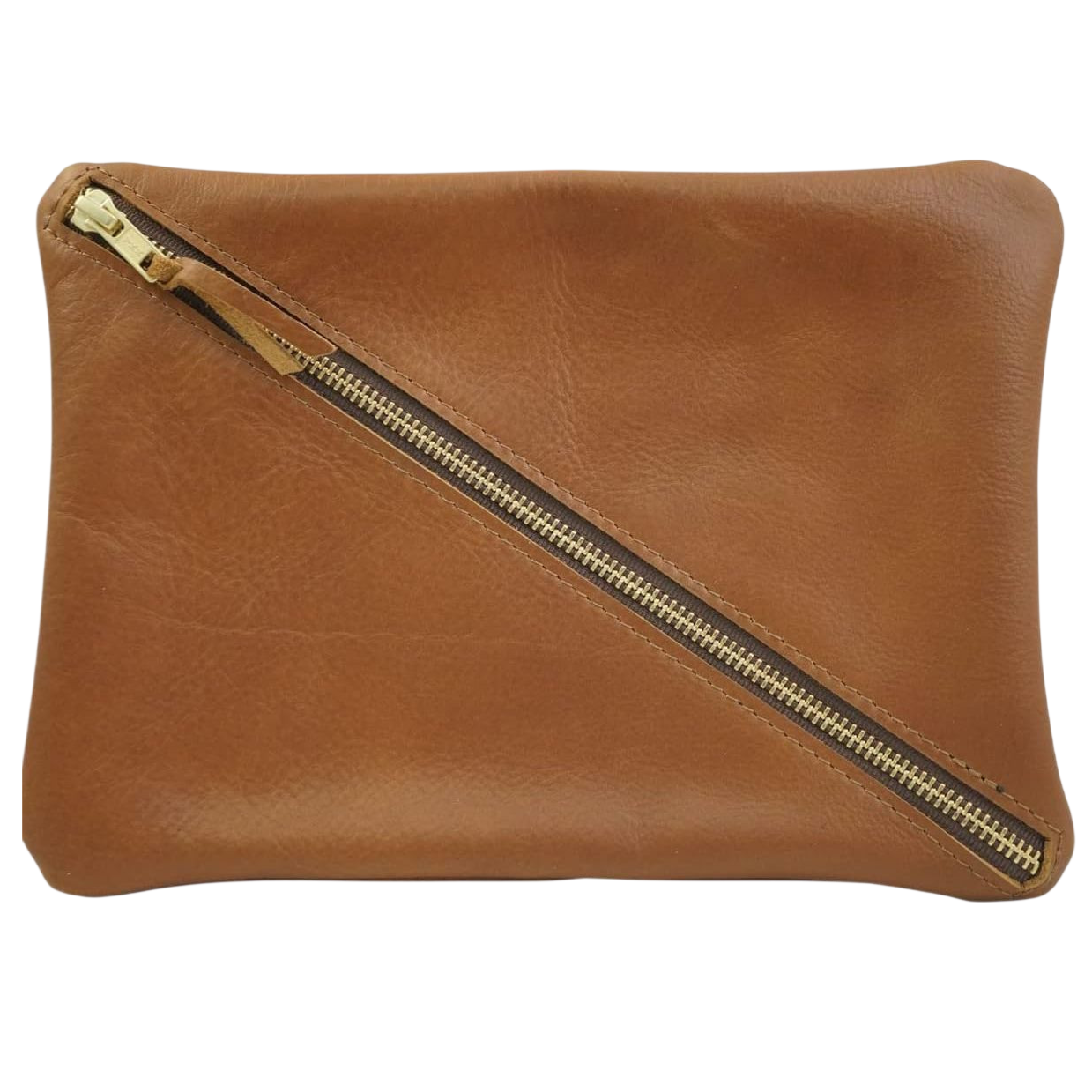 Brown leather pouch with a diagonal gold zipper, simple and elegant design.