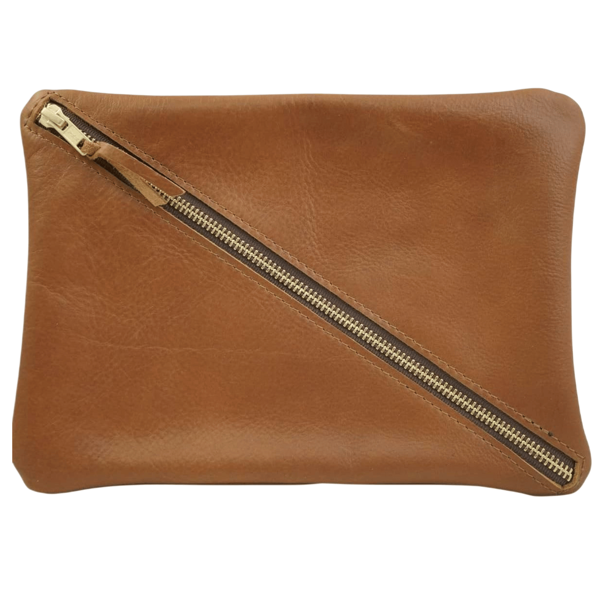 Brown leather pouch with a diagonal gold zipper, simple and elegant design.