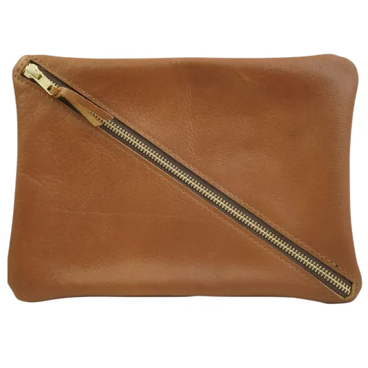 Brown leather pouch with a diagonal gold zipper, simple and elegant design.