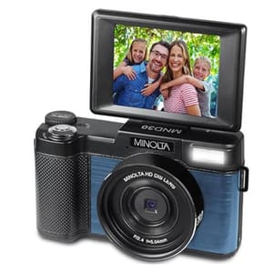 Minolta MND30 Ultra HD Digital Camera with flip-up display, Minolta HD DIS lens (f2.4, f=5.04mm), and features for enhanced image capturing.