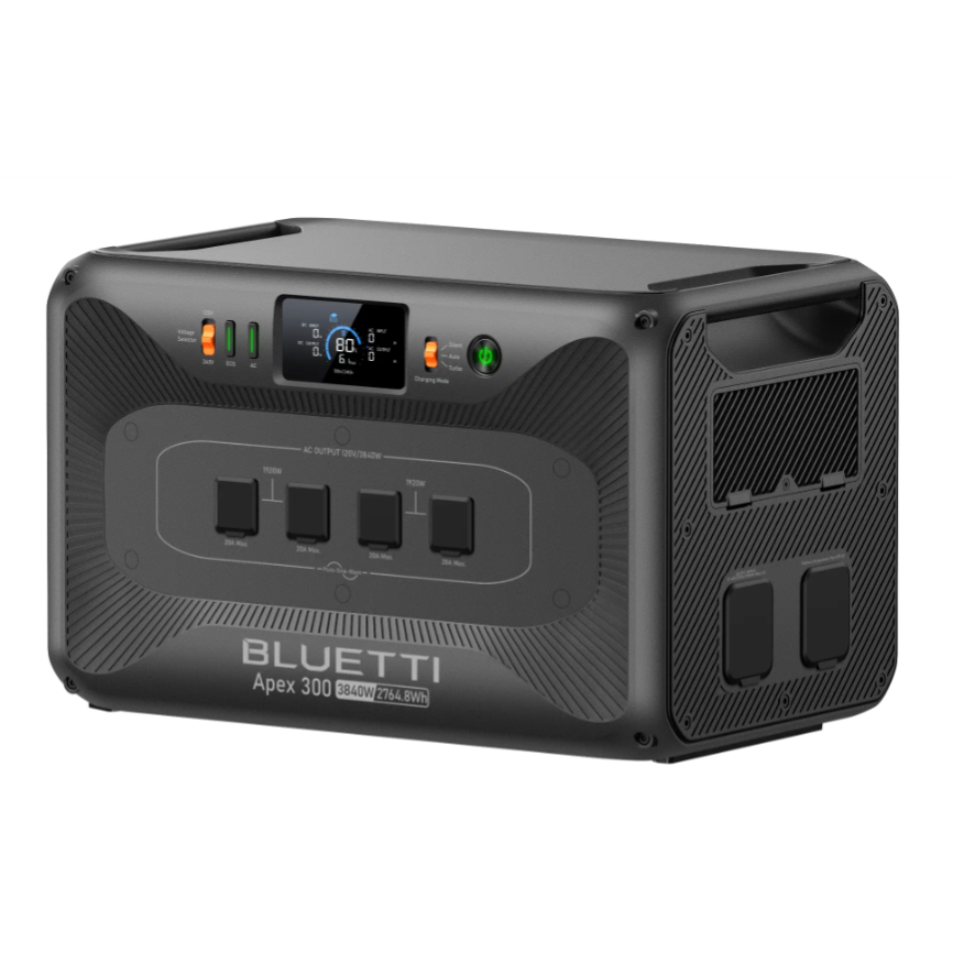 BLUETTI Apex 300 portable power station, 2764.8Wh capacity, with an LCD display, multiple AC outputs, and buttons for voltage selection and mode settings.