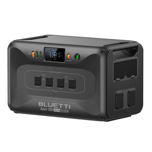 BLUETTI Apex 300 portable power station, 2764.8Wh capacity, with an LCD display, multiple AC outputs, and buttons for voltage selection and mode settings.