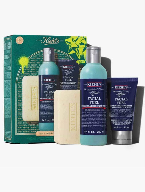 Kiehl's Men's Morning Routine Set includes a bar soap, an 8.4 fl. oz. Facial Fuel Invigorating Face Wash, and a 2.5 fl. oz. Facial Fuel Energizing Moisture Treatment.